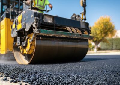 Asphalt paving and compaction in progress using a road roller, illustrating civil engineering and site development work for roadway and infrastructure construction. This image highlights Vector Engineers’ expertise in civil engineering design, including grading, pavement systems, and site optimization to support durable, code-compliant construction projects.